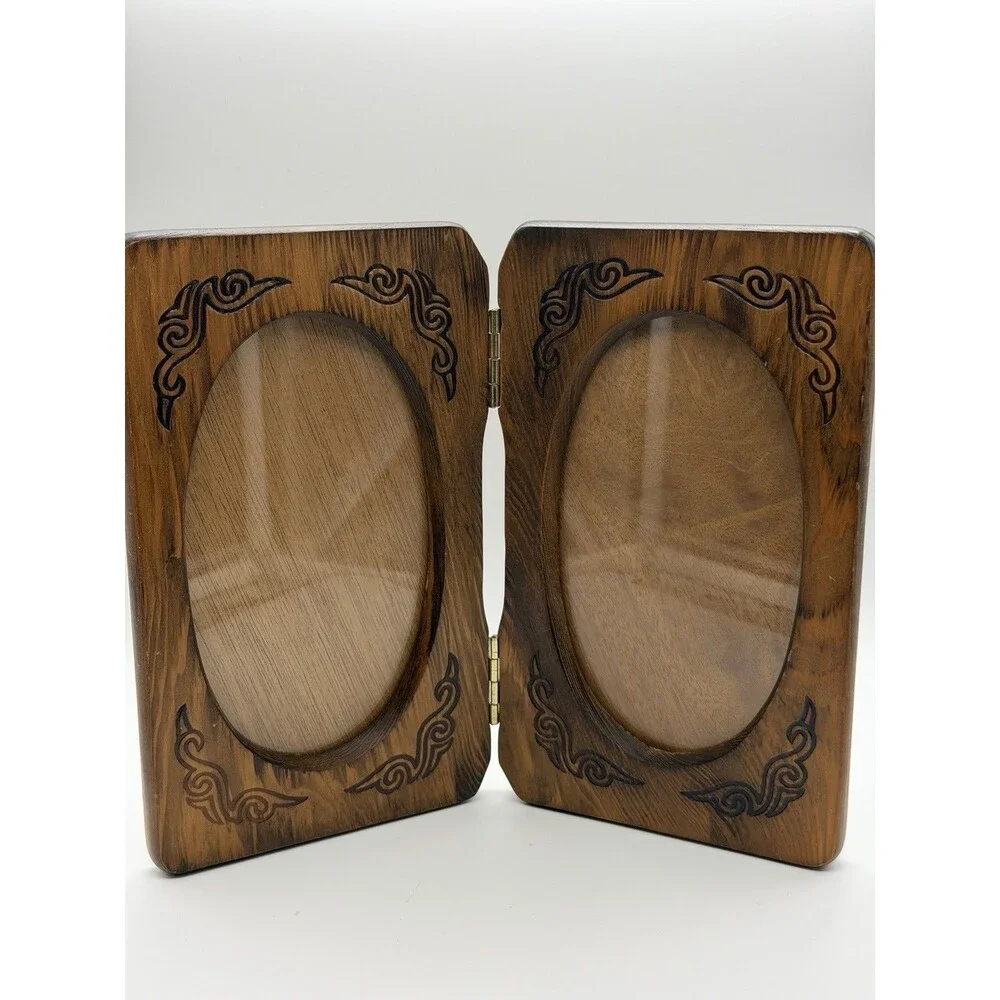 VTG Wooden Inlay Double Hinged Picture Frame Scrollwork Design Folds Stand/Hang